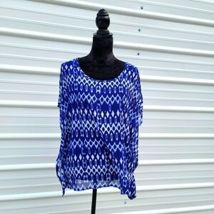 H&M SHEER Peasant BOHO Blouse Shirt Top 4 Small White Blue Kimono Sleeve Ruffle